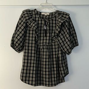 LOFT Black and Cream Plaid Blouse
